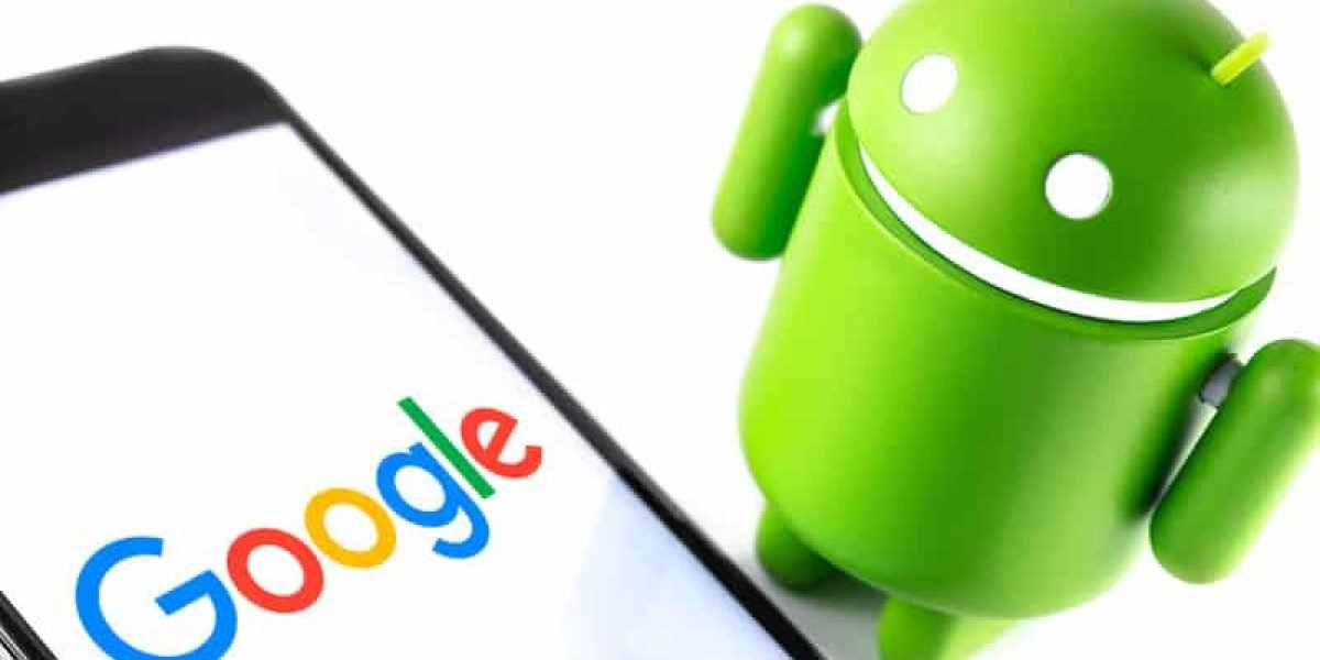 closeup Google Android figure and smartphone with Google logo. Google Android is the operating system for smartphones, tablet computers and other devices. Moscow, Russia - March 17, 2019